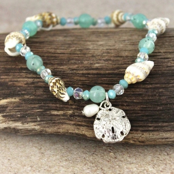 Jewelry - Sand Dollar Charm Blue And Shell Beaded Bracelet